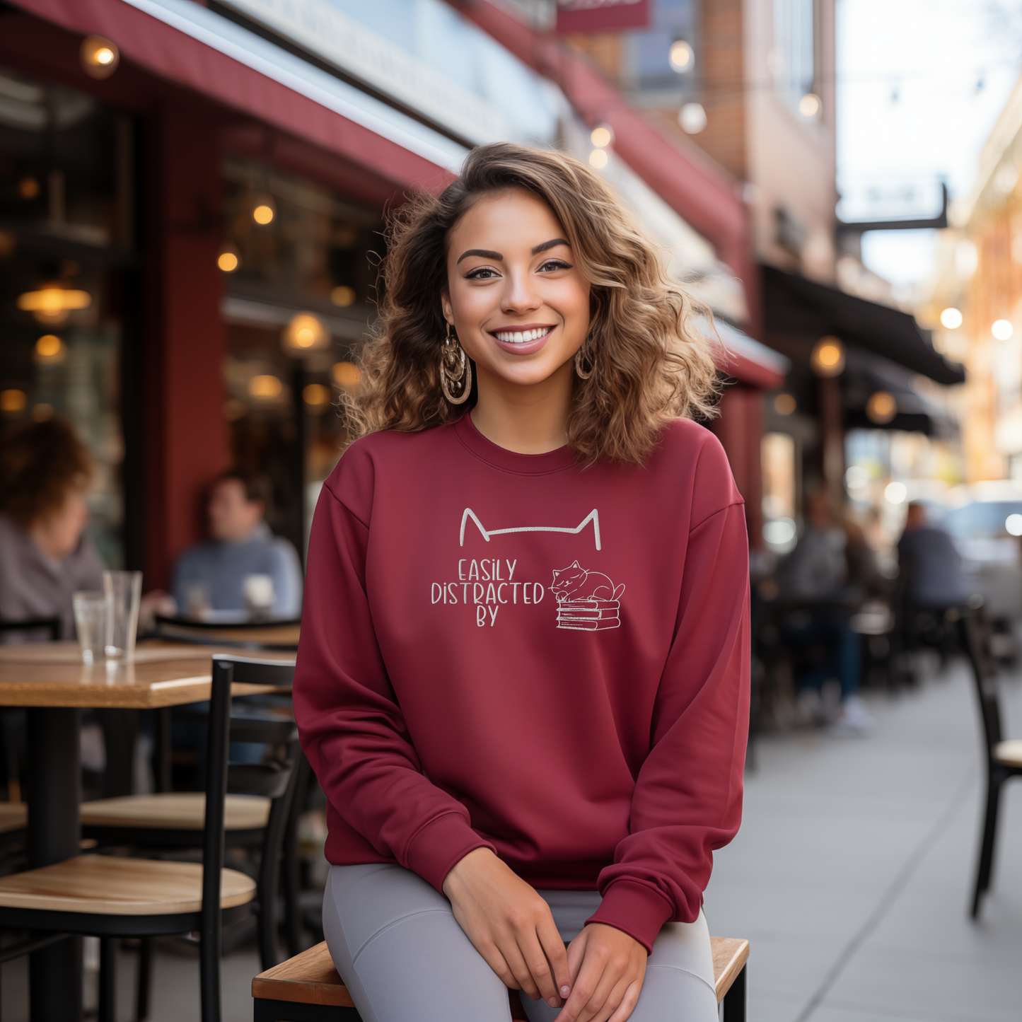 Easily Distracted by Cats and Books Embroidered Sweatshirt