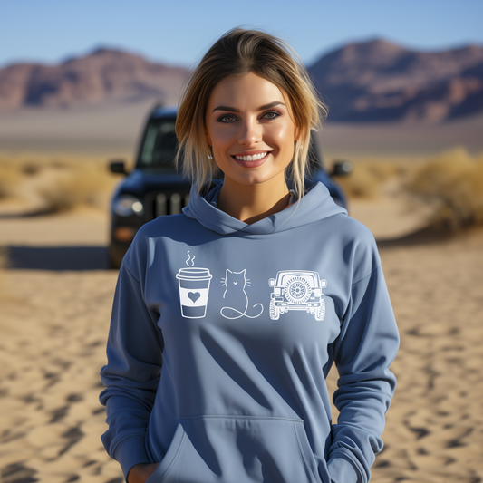 Cute Jeep Girl Offroading hoodie with my favorite things Coffee Cats and Jeep Wrangler