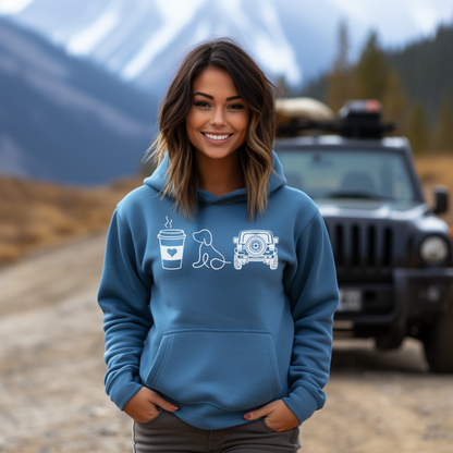 Comfortable Jeep Hoodie for her. Coffee Dogs and Off-roading Fall Sweatshirt the perfect gift for the Jeep and dog lover in your life! Get your soft Jeep Girl Hoodie today.