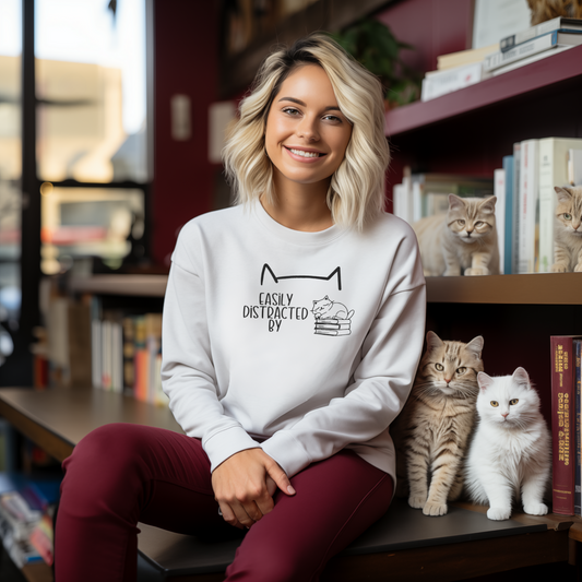 Easily Distracted by Cats and Books Embroidered Sweatshirt