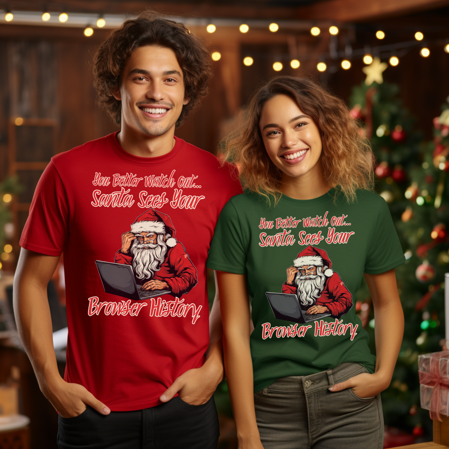 Funny Ugly Holiday Shirt Perfect for Tech or office Christmas Party Christmas Naughty or Nice Shirt for Holiday party or gift exchange. Santa with a laptop that says You Better Watch out Santa Sees your Browser History